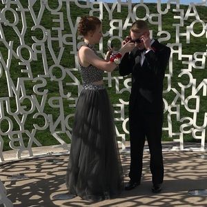 Gray 2 piece prom dress jewel embellishment